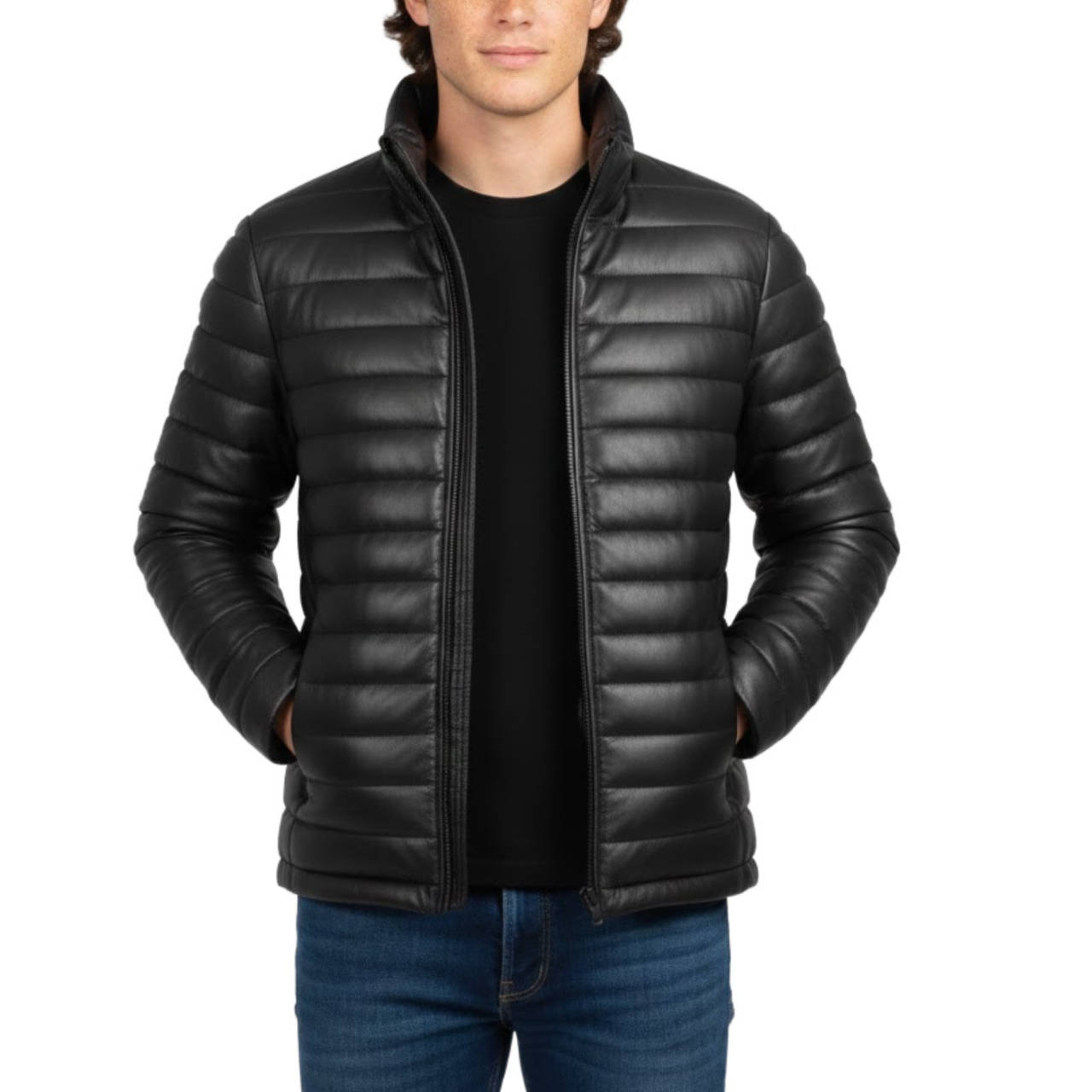 Men’s Black Faux Leather Puffer Quilted Bomber Jacket