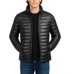 Men’s Black Faux Leather Puffer Quilted Bomber Jacket