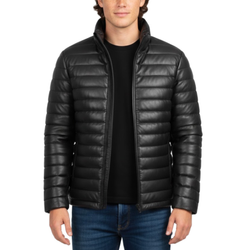 Men’s Black Faux Leather Puffer Quilted Bomber Jacket