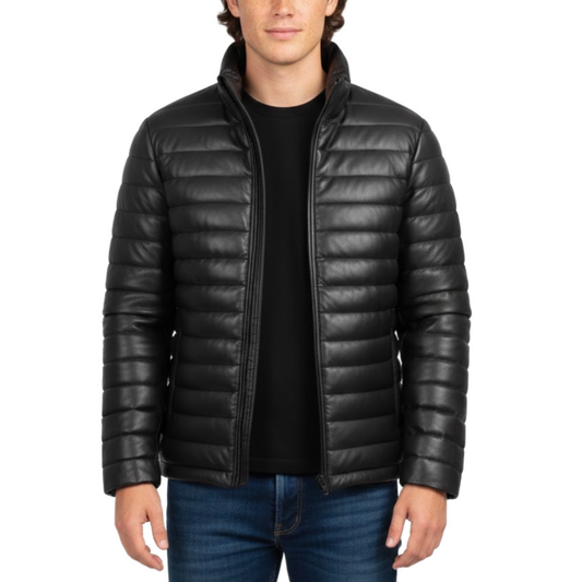 Men’s Black Faux Leather Puffer Quilted Bomber Jacket
