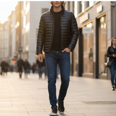 Men’s Black Faux Leather Puffer Quilted Bomber Jacket