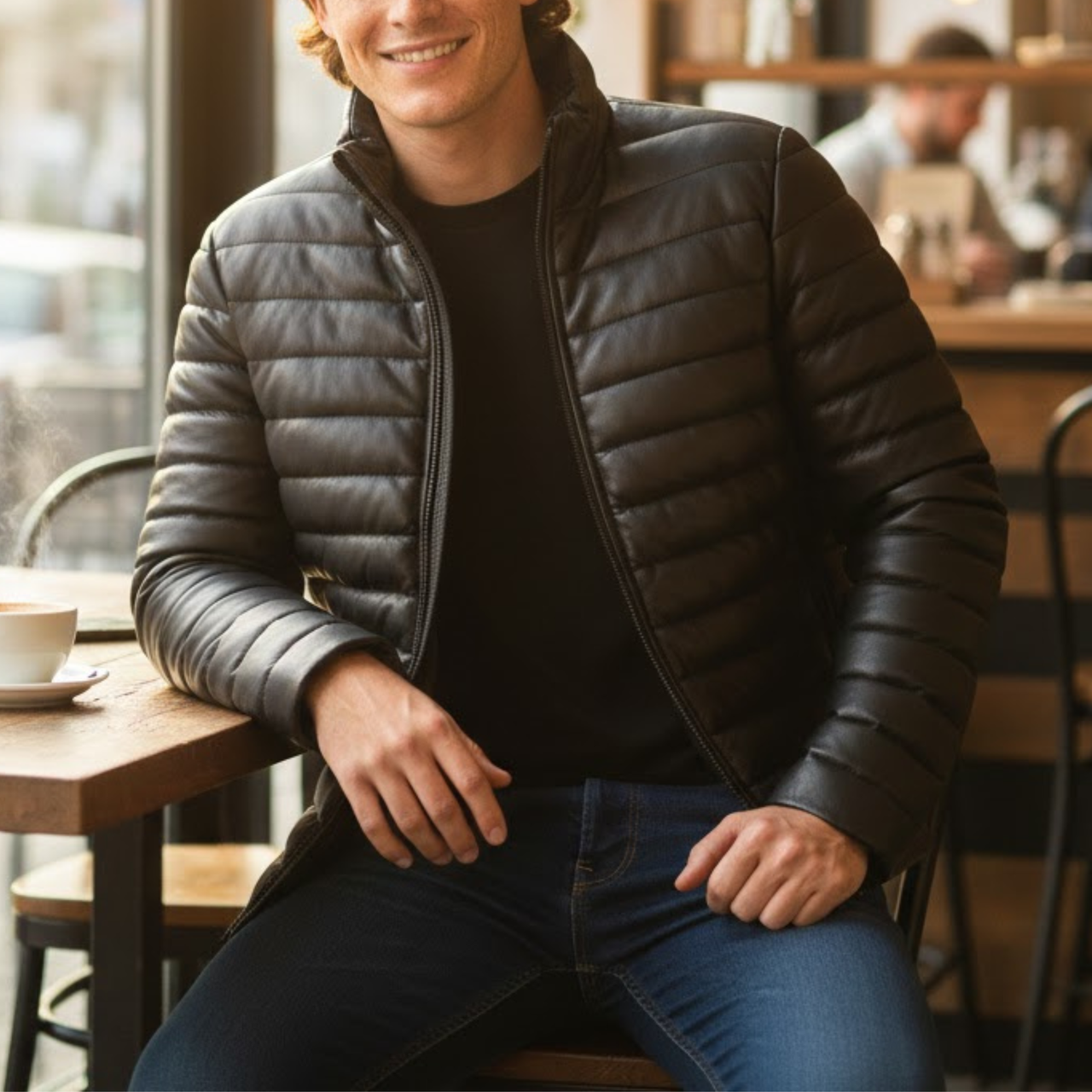 Men’s Black Faux Leather Puffer Quilted Bomber Jacket