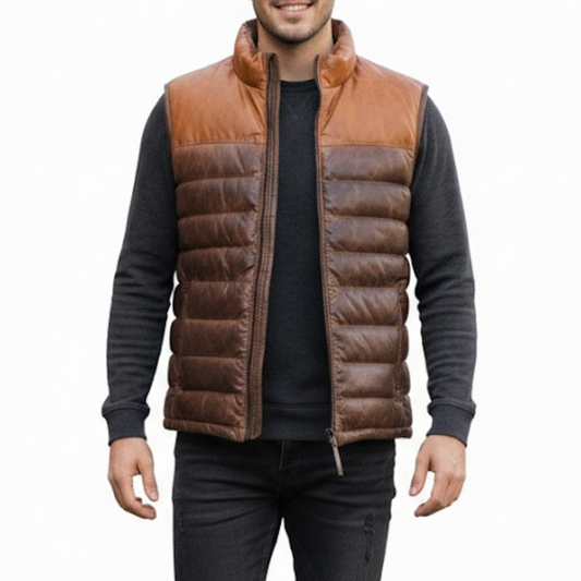 Men's Two Tone Brown Leather Puffer Bomber Winter Vest