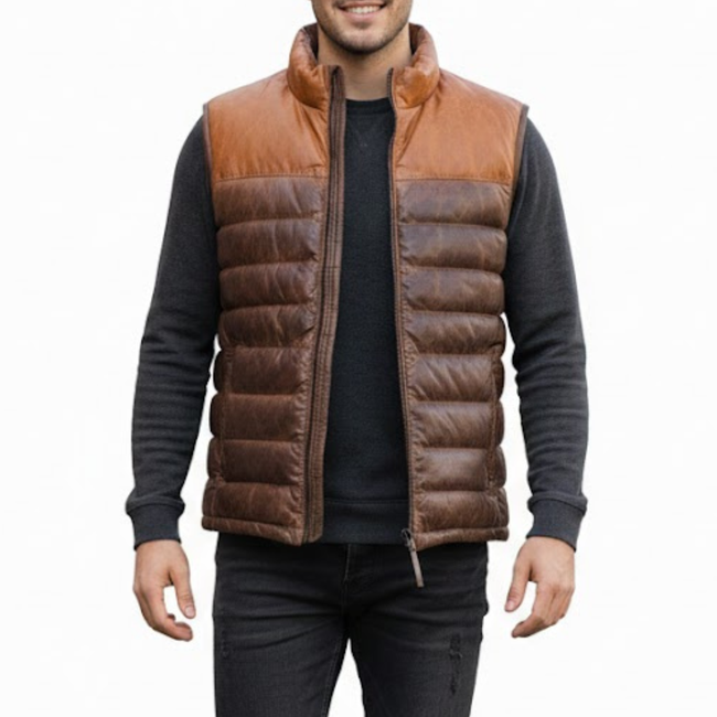 Men's Two Tone Brown Leather Puffer Bomber Winter Vest