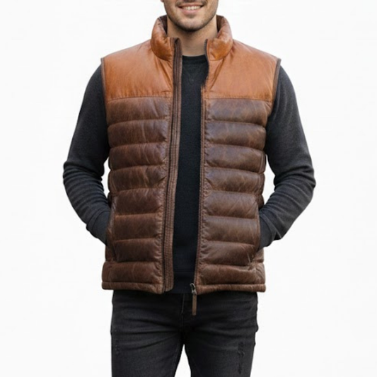 Men's Two Tone Brown Leather Puffer Bomber Winter Vest
