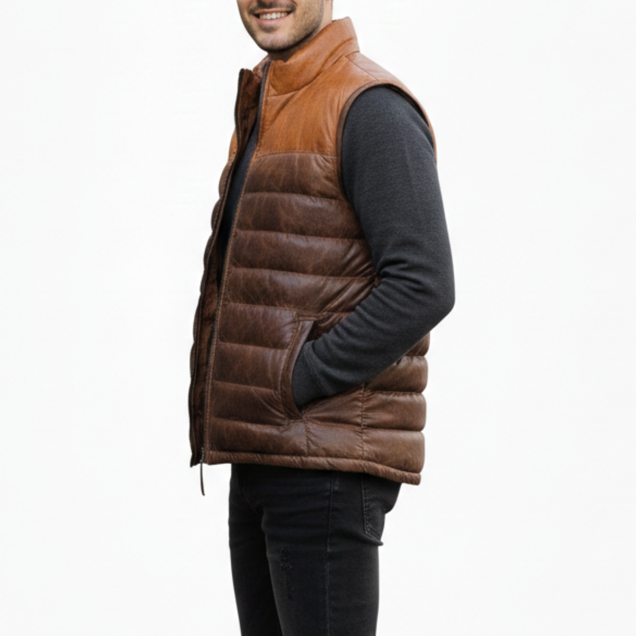 Men's Two Tone Brown Leather Puffer Bomber Winter Vest