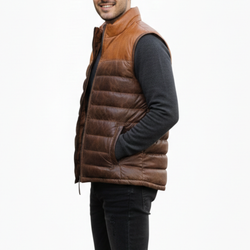 Men's Two Tone Brown Leather Puffer Bomber Winter Vest