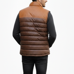 Men's Two Tone Brown Leather Puffer Bomber Winter Vest