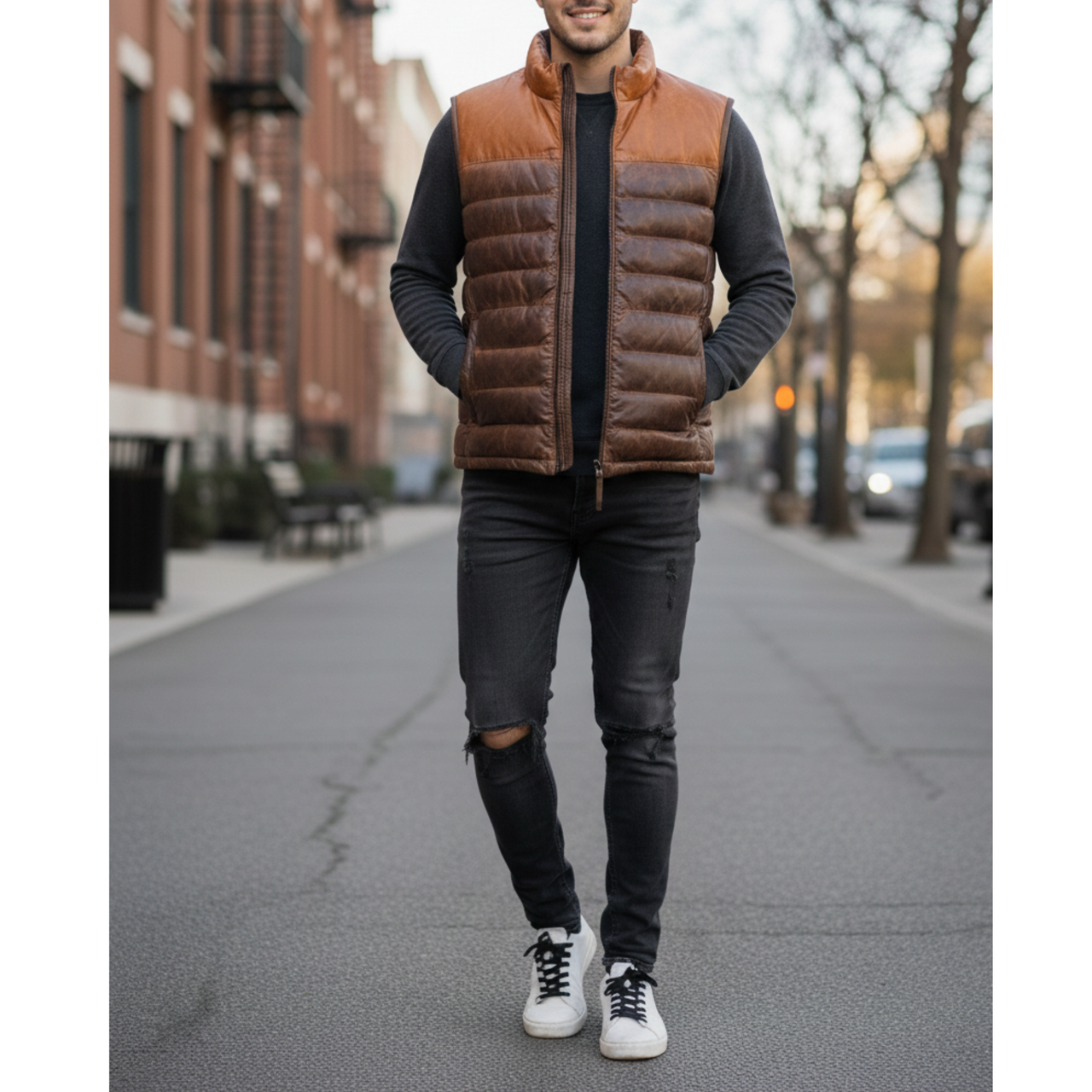 Men's Two Tone Brown Leather Puffer Bomber Winter Vest