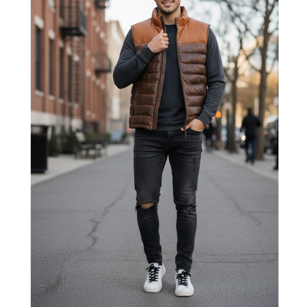 Men's Two Tone Brown Leather Puffer Bomber Winter Vest