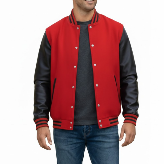 Men's Red And Black Varsity Wool Bomber Baseball Jacket