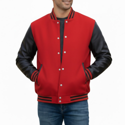 Men's Red And Black Varsity Wool Bomber Baseball Jacket