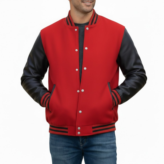 Men's Red And Black Varsity Wool Bomber Baseball Jacket