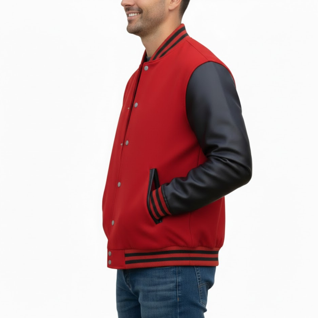 Men's Red And Black Varsity Wool Bomber Baseball Jacket