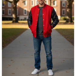 Men's Red And Black Varsity Wool Bomber Baseball Jacket
