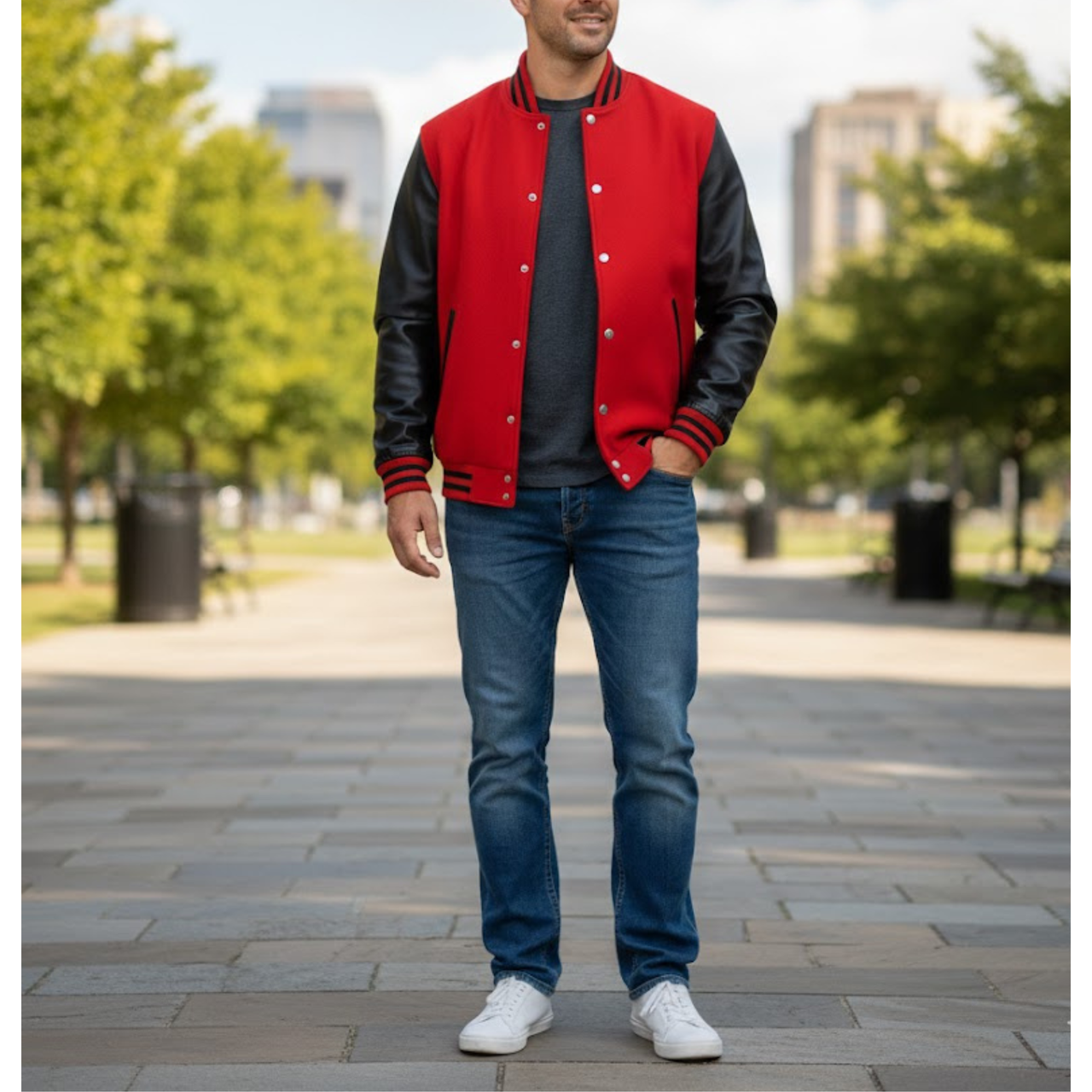 Men's Red And Black Varsity Wool Bomber Baseball Jacket