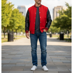 Men's Red And Black Varsity Wool Bomber Baseball Jacket