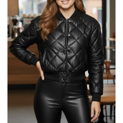 Women's Black Quilted Puffer Cropped Bomber Jacket