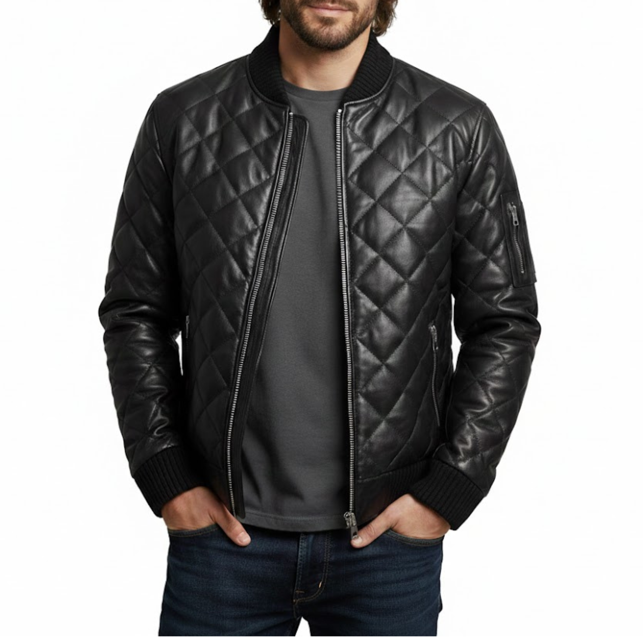 Men's Quilted Black Leather Puffer Bomber Winter Jacket