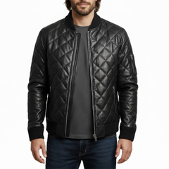 Men's Quilted Black Leather Puffer Bomber Winter Jacket