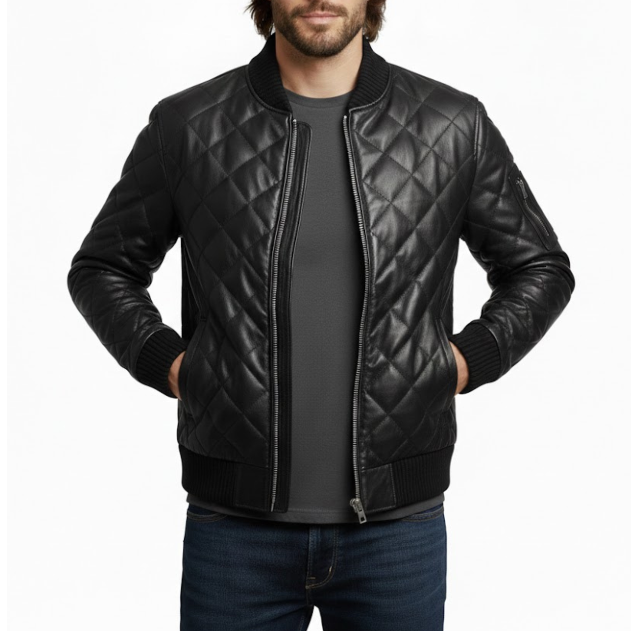 Men's Quilted Black Leather Puffer Bomber Winter Jacket