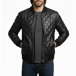 Men's Quilted Black Leather Puffer Bomber Winter Jacket