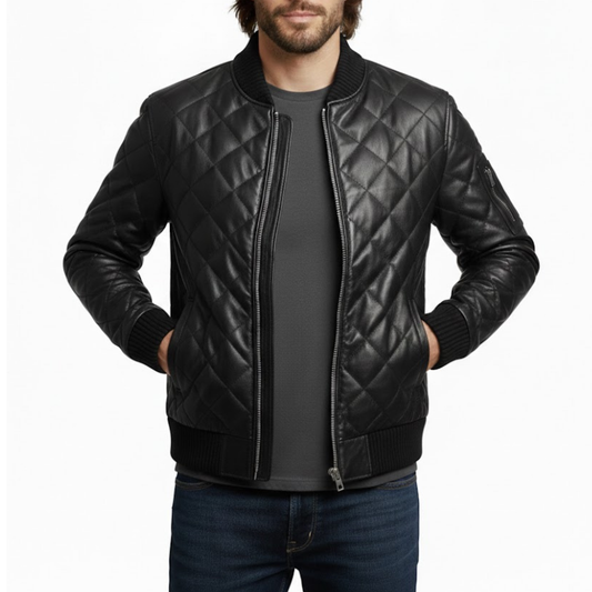 Men's Quilted Black Leather Puffer Bomber Winter Jacket