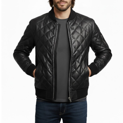 Men's Quilted Black Leather Puffer Bomber Winter Jacket