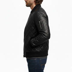 Men's Quilted Black Leather Puffer Bomber Winter Jacket