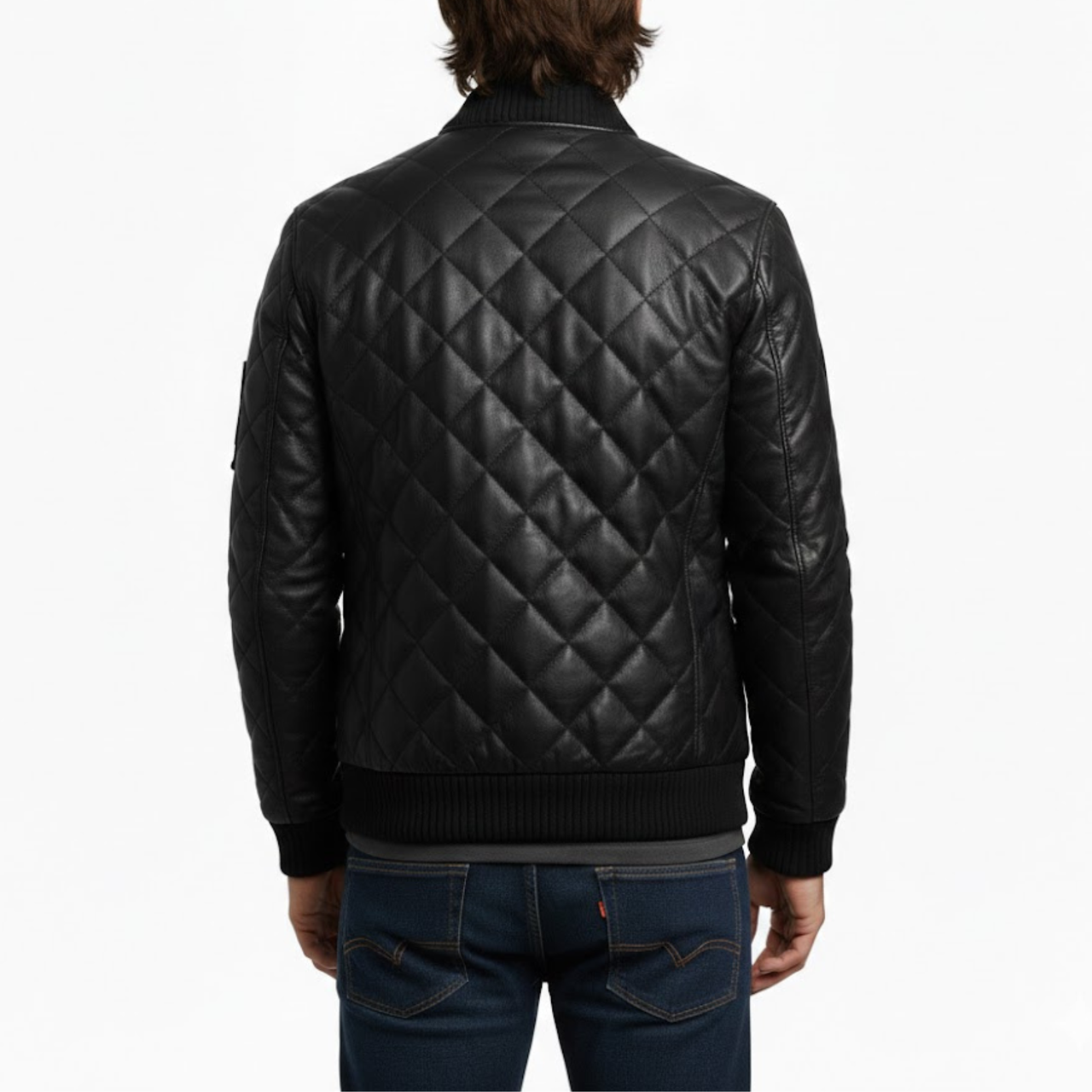 Men's Quilted Black Leather Puffer Bomber Winter Jacket