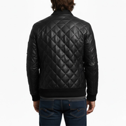 Men's Quilted Black Leather Puffer Bomber Winter Jacket