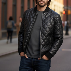 Men's Quilted Black Leather Puffer Bomber Winter Jacket