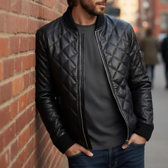 Men's Quilted Black Leather Puffer Bomber Winter Jacket
