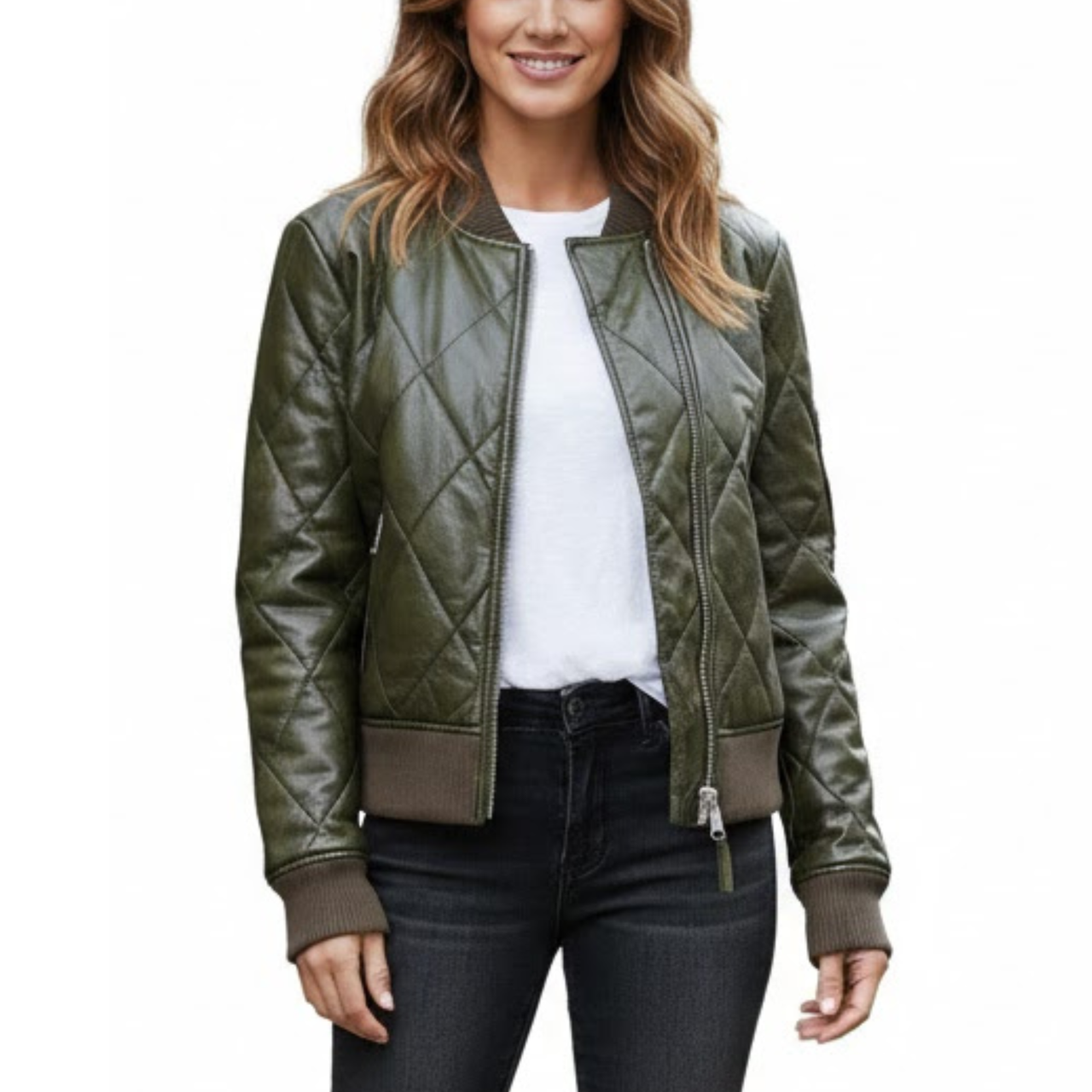 Women's Quilted Olive Green Leather Puffer Bomber Winter Jacket