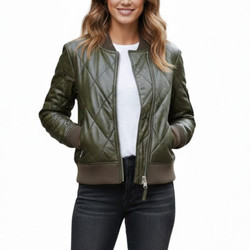 Women's Quilted Olive Green Leather Puffer Bomber Winter Jacket