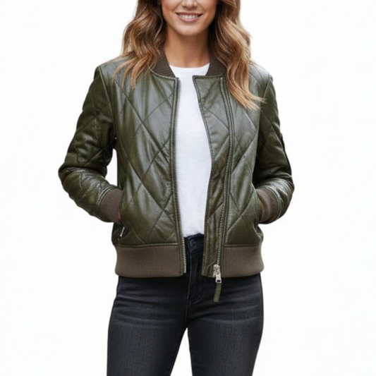 Women's Quilted Olive Green Leather Puffer Bomber Winter Jacket