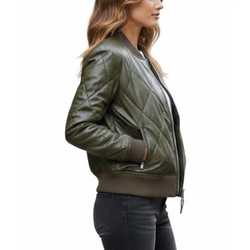 Women's Quilted Olive Green Leather Puffer Bomber Winter Jacket
