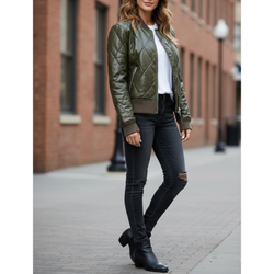 Women's Quilted Olive Green Leather Puffer Bomber Winter Jacket