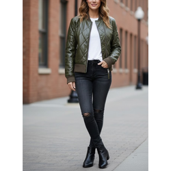 Women's Quilted Olive Green Leather Puffer Bomber Winter Jacket