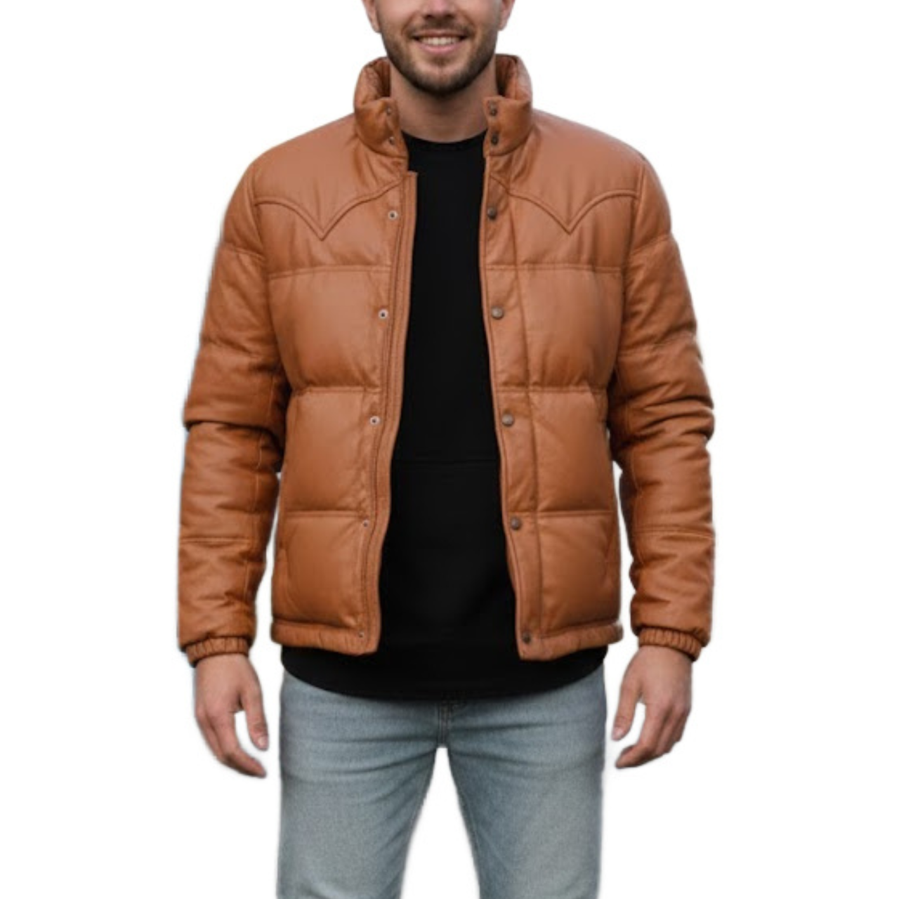 Men's Brown Cargo Bomber Puffer Leather Jacket