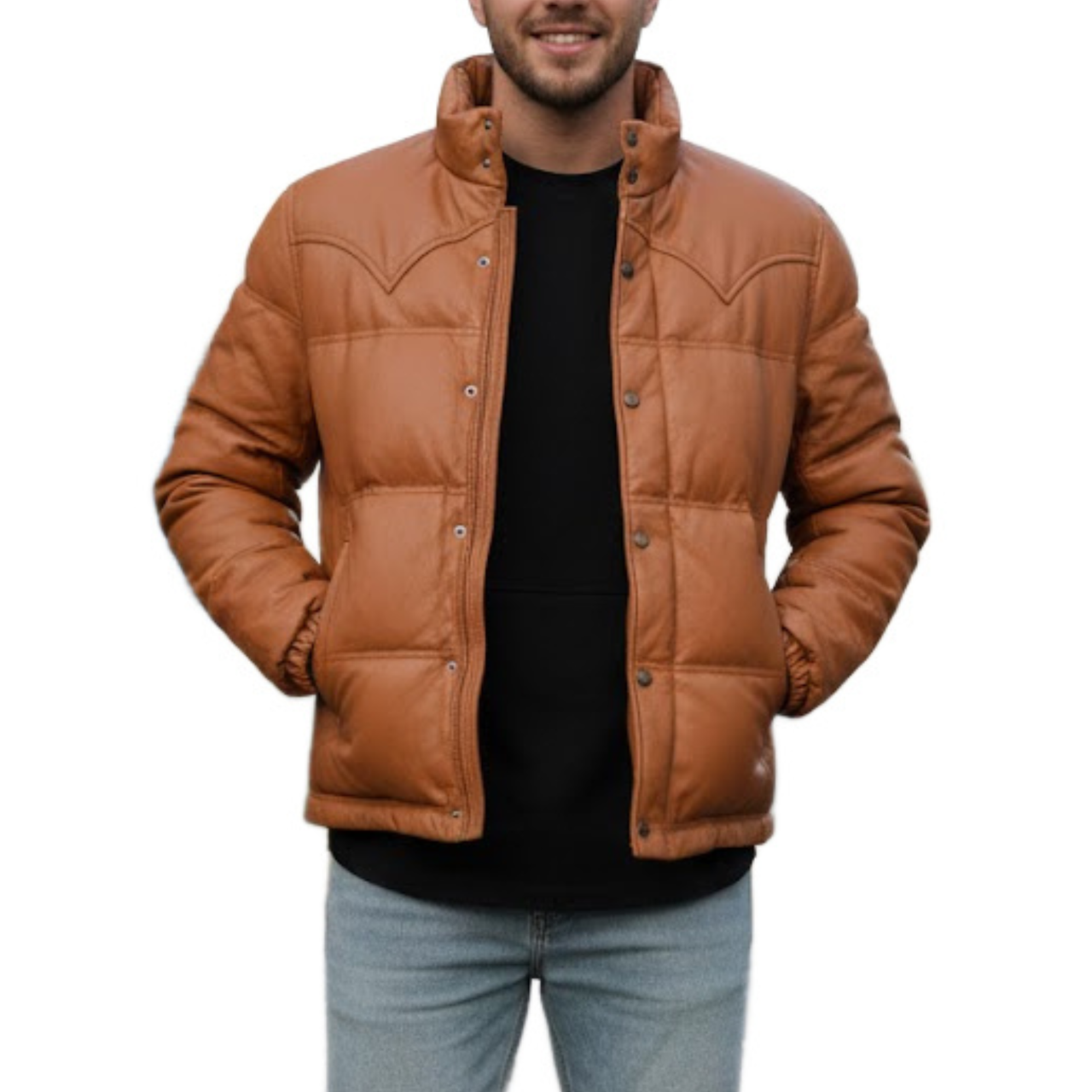 Men's Brown Cargo Bomber Puffer Leather Jacket