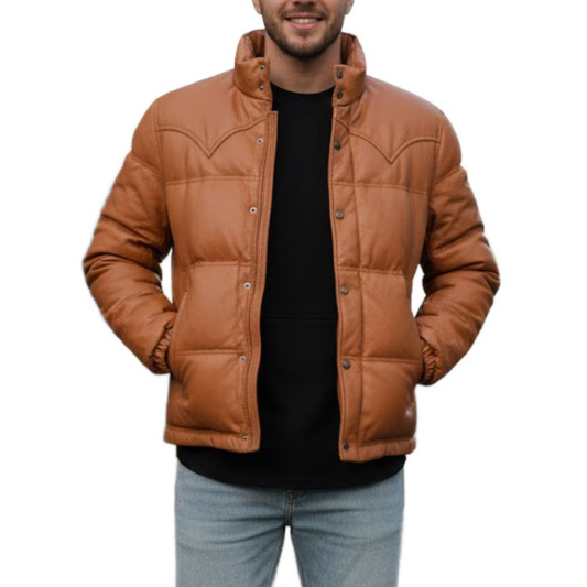 Men's Brown Cargo Bomber Puffer Leather Jacket