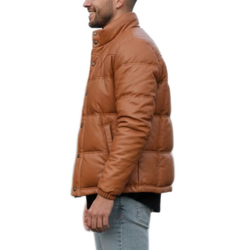 Men's Brown Cargo Bomber Puffer Leather Jacket