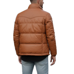 Men's Brown Cargo Bomber Puffer Leather Jacket