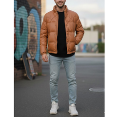 Men's Brown Cargo Bomber Puffer Leather Jacket