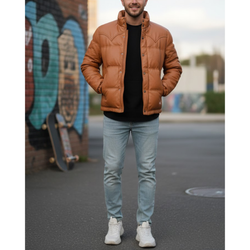 Men's Brown Cargo Bomber Puffer Leather Jacket