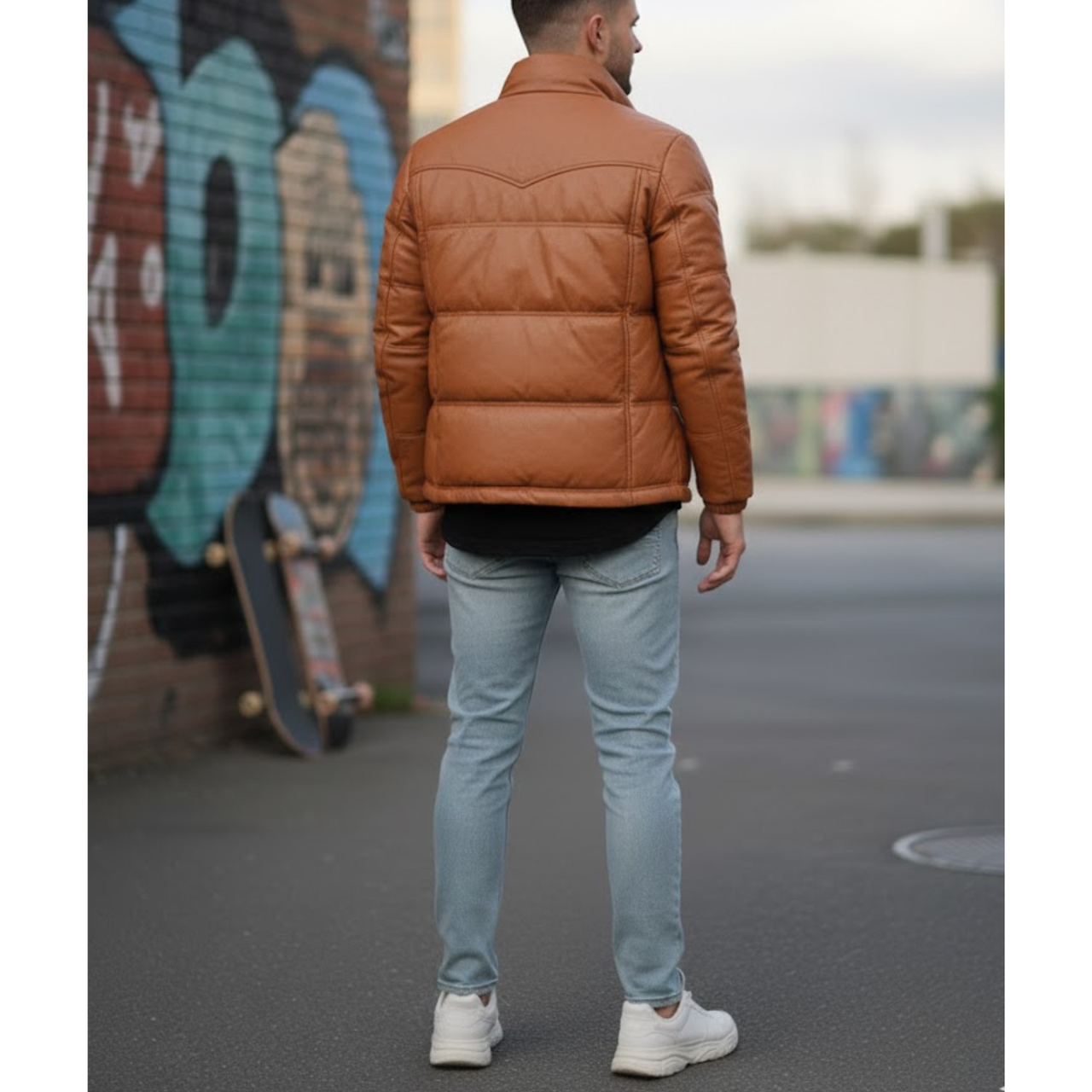 Men's Brown Cargo Bomber Puffer Leather Jacket