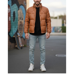 Men's Brown Cargo Bomber Puffer Leather Jacket