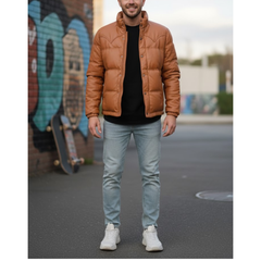 Men's Brown Cargo Bomber Puffer Leather Jacket