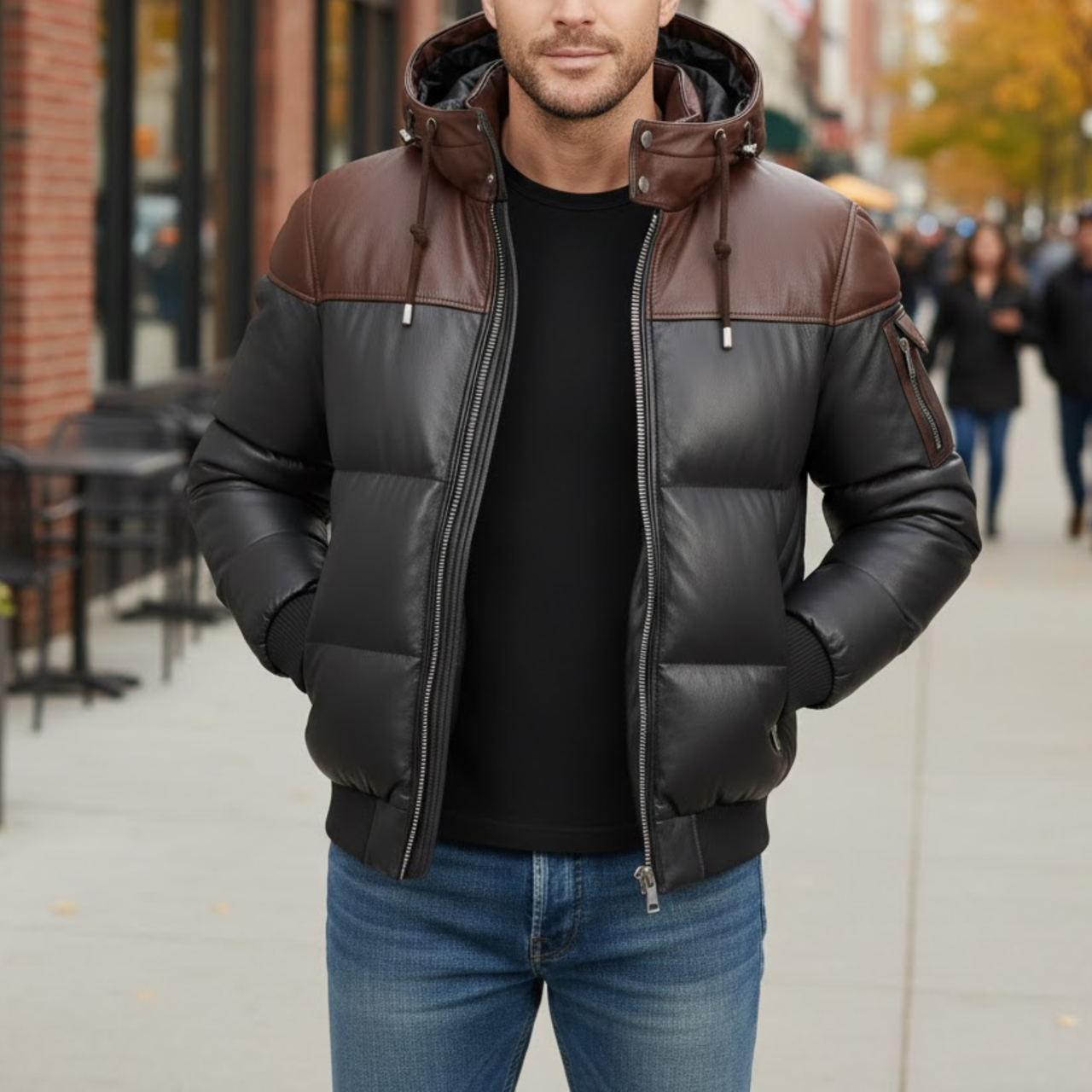 Men’s Two Tone Bubble Quilted Winter Puffer Hooded Bomber Jacket